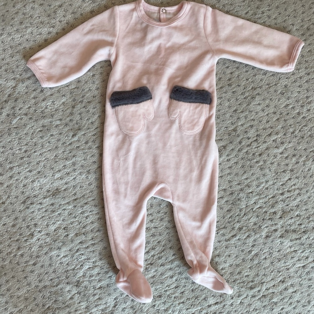 BLEUETTE 6m velvet pink faux fur grey onesie NEW